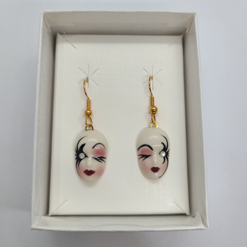 Vintage Fancy Faces Hand Painted Porcelain Mask Dangle Earrings